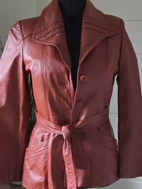 Rare Vintage B&R Cognac Leather Safari Mid Trench Coat Western 70s Fur Lined S M
